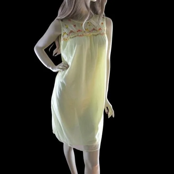 Vintage 70s Yellow Chiffon Nightie Sheer Floral Trim Deadstock Lingerie Size S - Picture 5 of 8